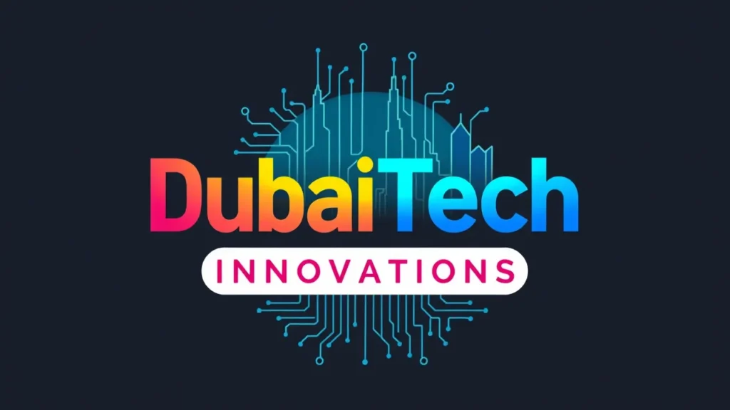 The vibrant and futuristic logo of Dubai Tech Innovations, featuring bold text and a circuit board-inspired graphic design.
