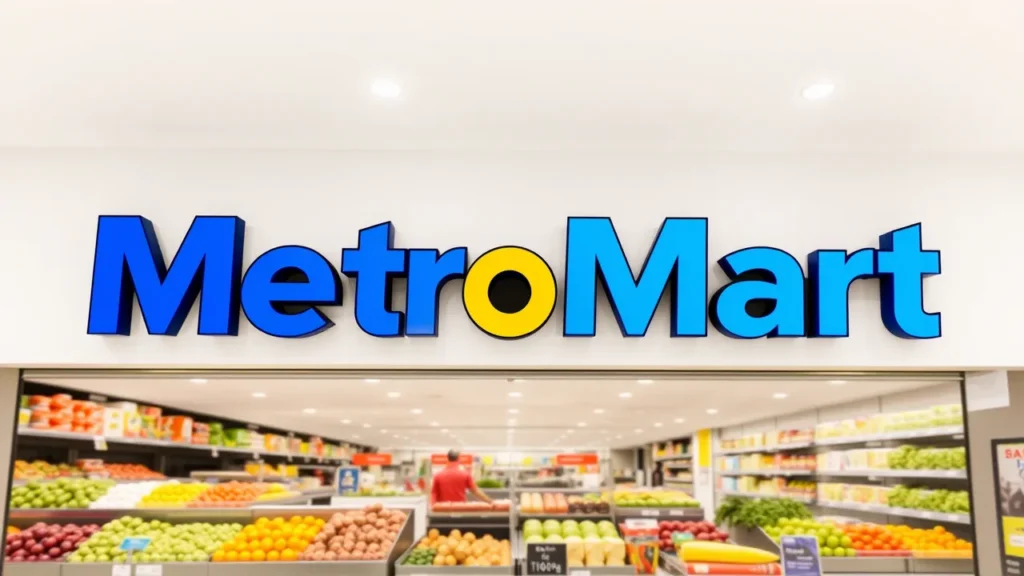 The MetroMart logo displayed prominently in a modern supermarket setting, showcasing the brand's vibrant colors and signage.