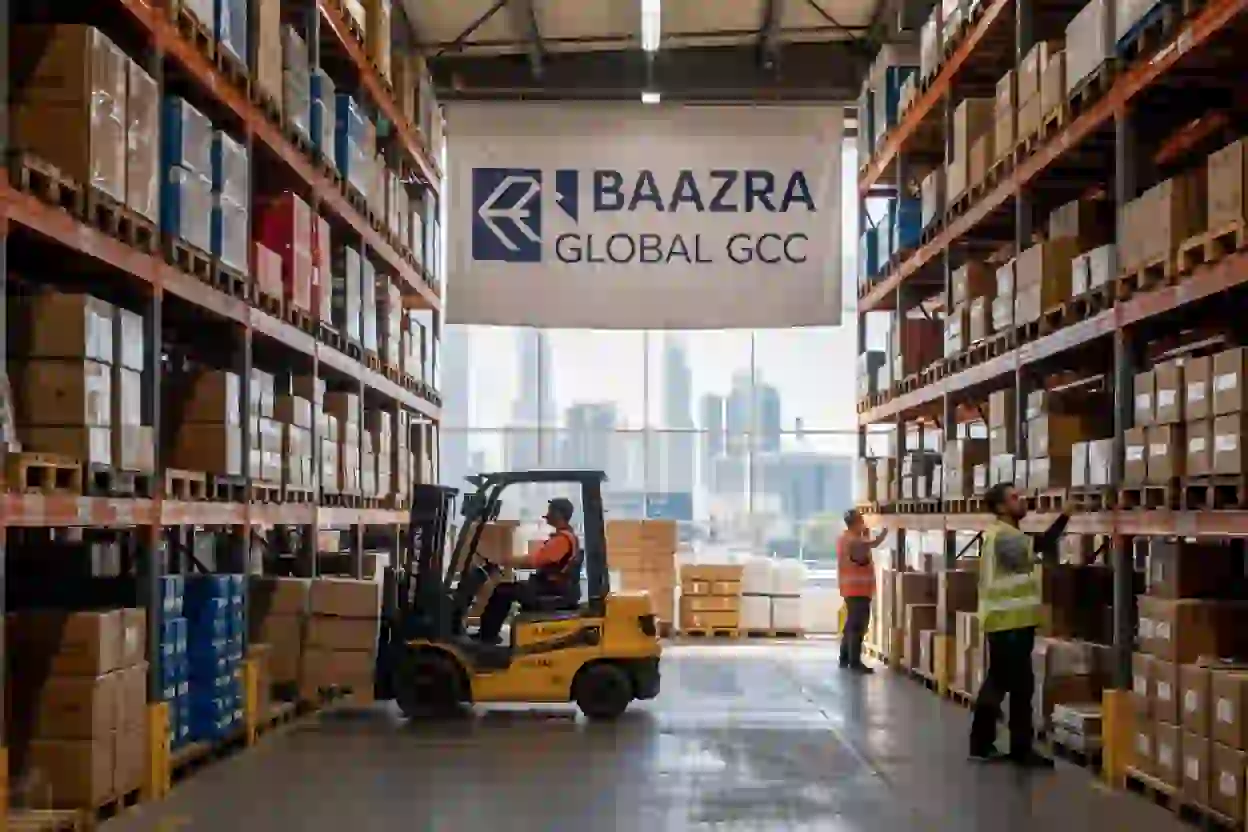 A warehouse with tall shelves, workers, and a forklift transporting goods